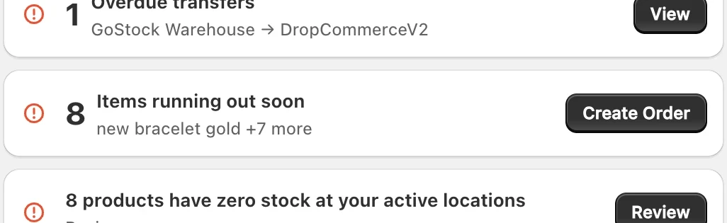 GoStock dashboard: 8 items running out soon, with a Create Order button